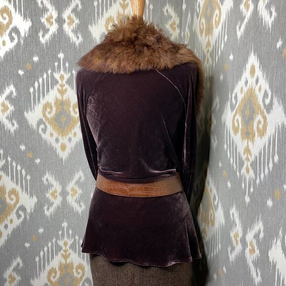 Ralph Lauren ~ Cocoa Brown Carlisle Shearling Collar Crushed Velvet Wrap Blouse - Picture 12 of 16